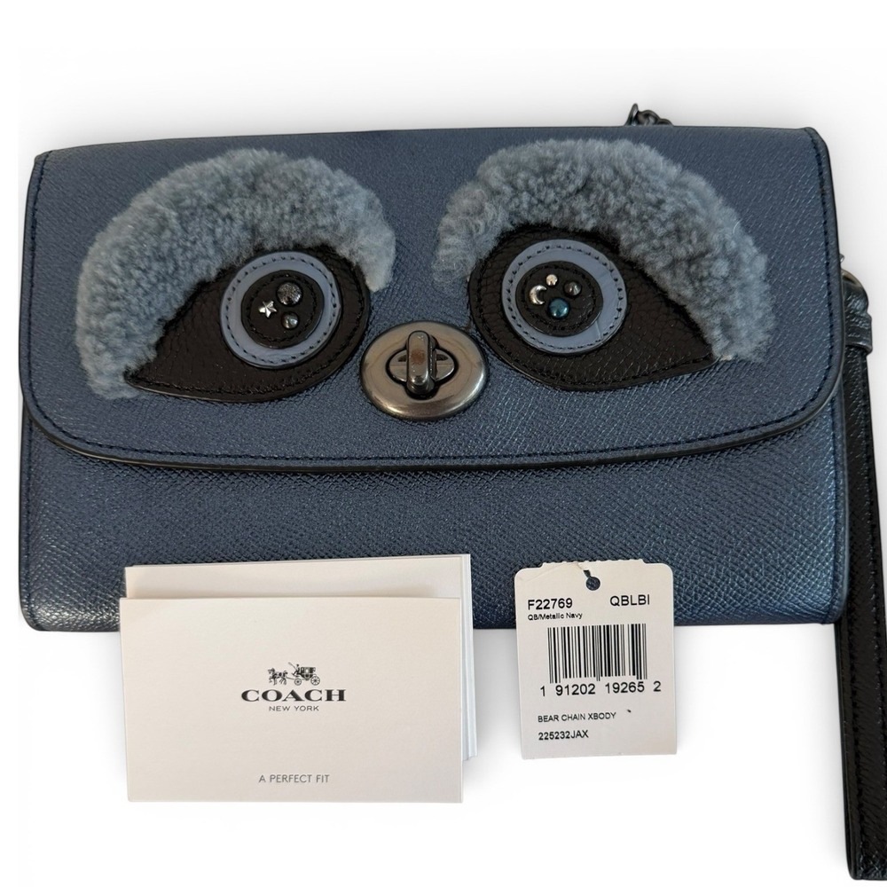 Coach Bear Chain Crossbody Metallic Navy Leather Shearling Eyes Clutch Wristlet - Picture 3 of 14
